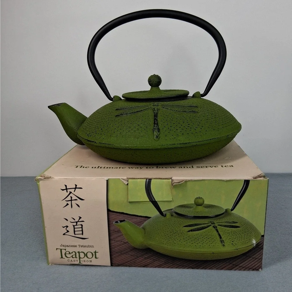 Japanese Tetsubin Teapot Green Cast Iron Dragonfly Enamel Interior NIB